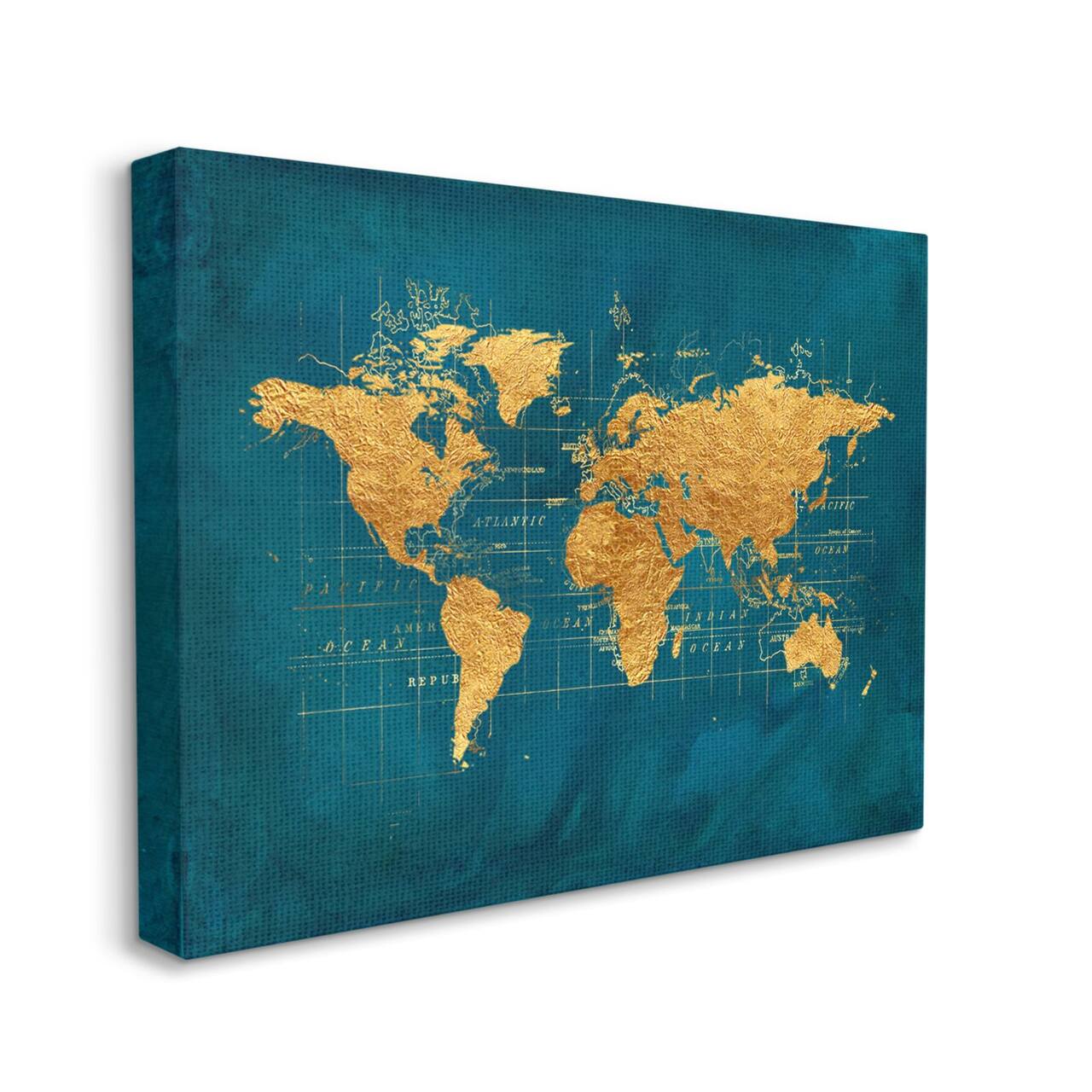 Stupell Industries World Map Gold Blue Texture Watercolor Chart Design Canvas Wall Art